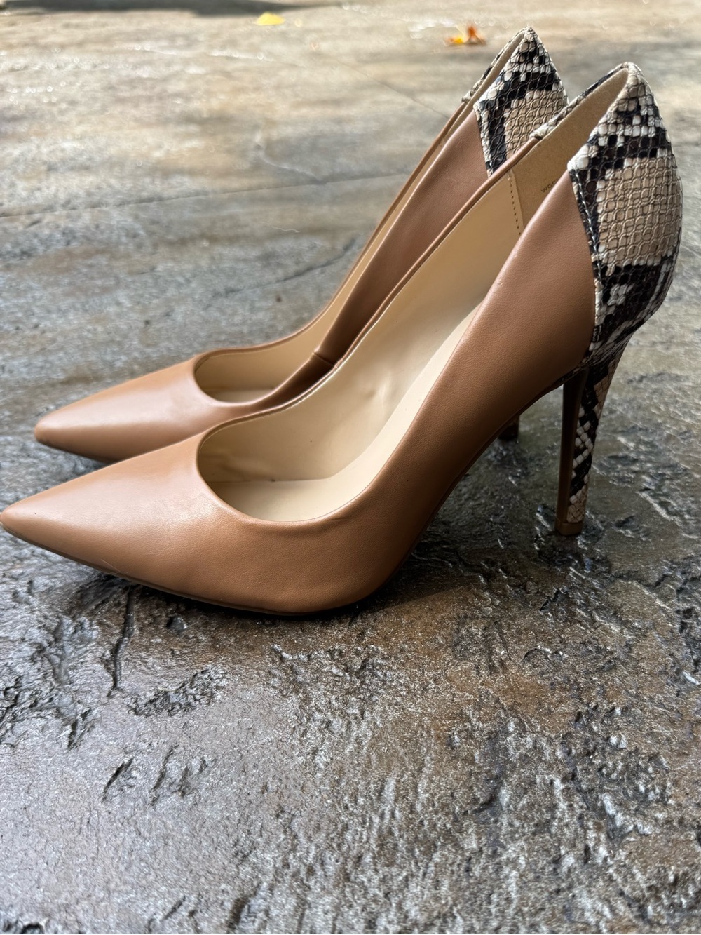 GUESS Brown Pointed Toe Pumps with Snake-Print Heel